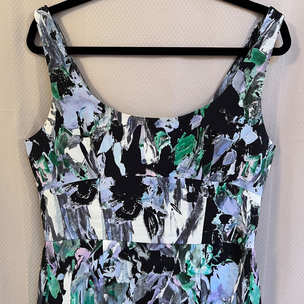 Milly Black Floral-Print Midi Dress with Green and White Brushstroke Accents - Picture 3 of 14